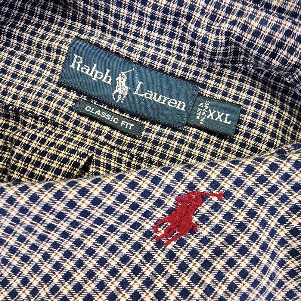 Ralph Lauren Men's XXL 2XL Classic Fit Plaid Blue Brown Long Sleeve Button Shirt